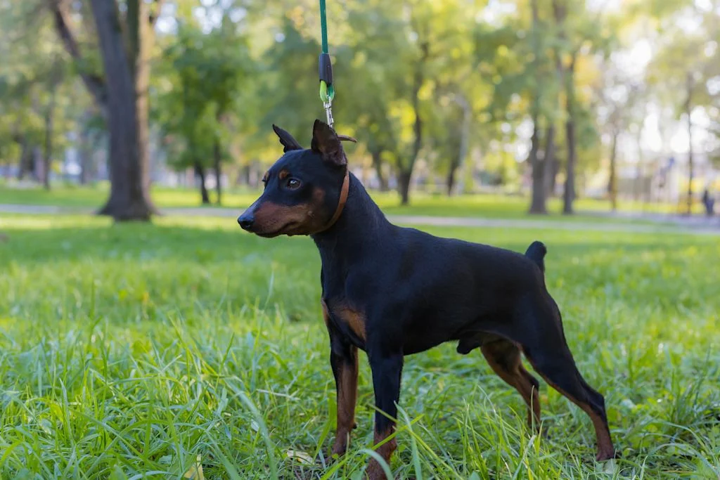 pinscher allemand en laisse