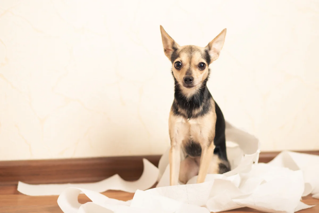 Kleiner Hund mitten im Toilettenpapier