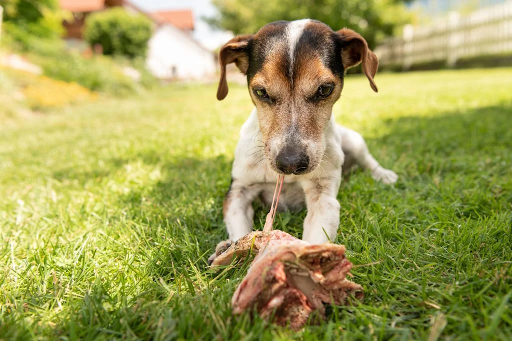 Chien et poulet cru