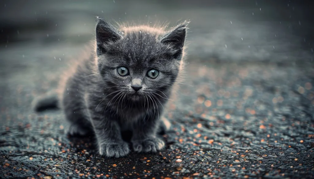 chaton gris sous la pluie